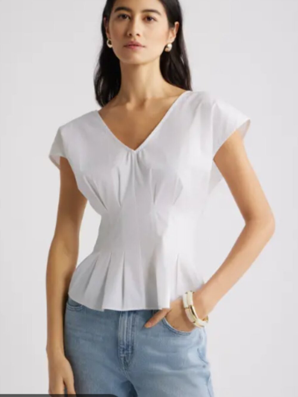 Nordstrom Pleated V Neck Poplin Top – White – XS – Structured Cotton